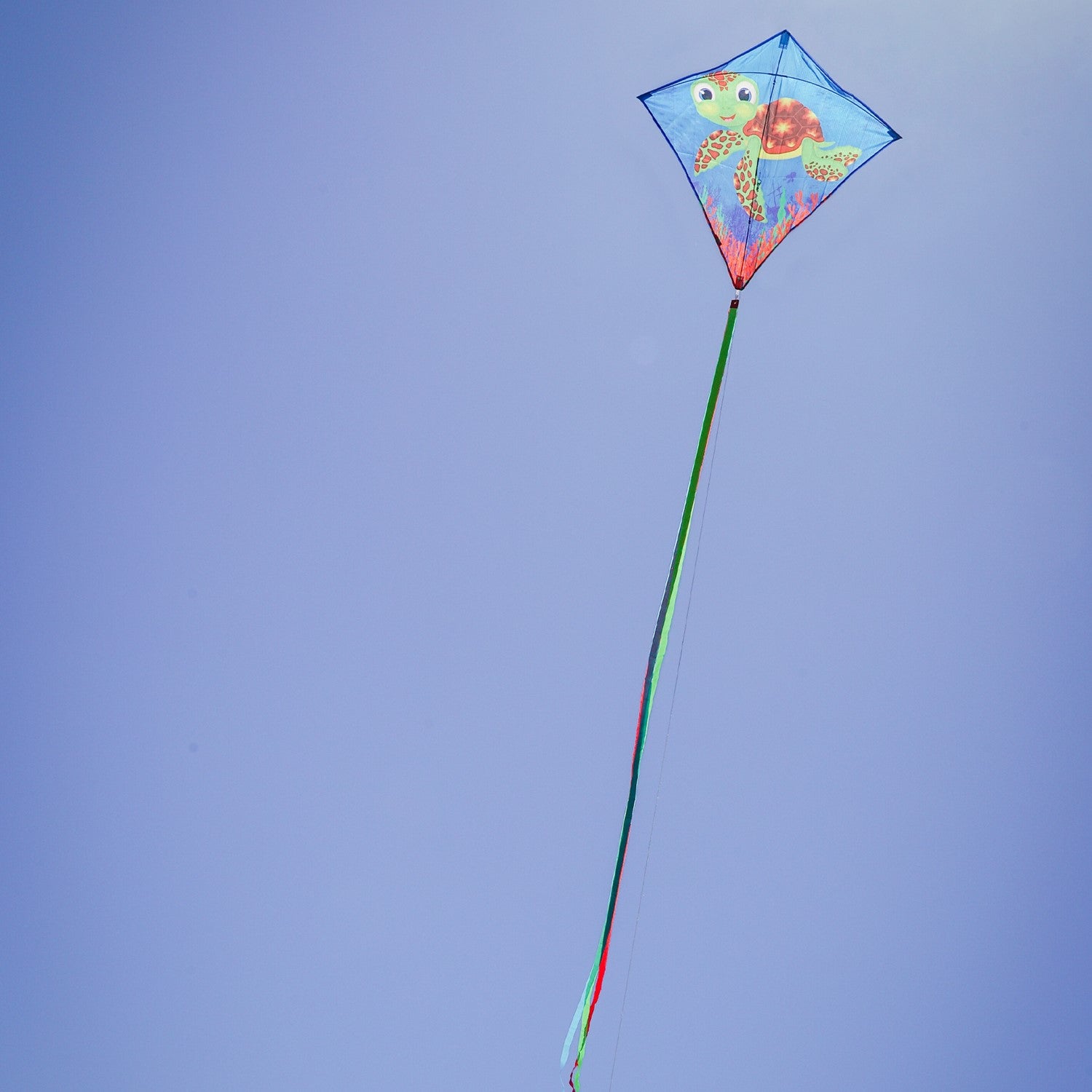 The Baby Turtle diamond kite features a vibrant turtle graphic, colorful tails, and a 30-inch design that makes it perfect for flying in the sky.