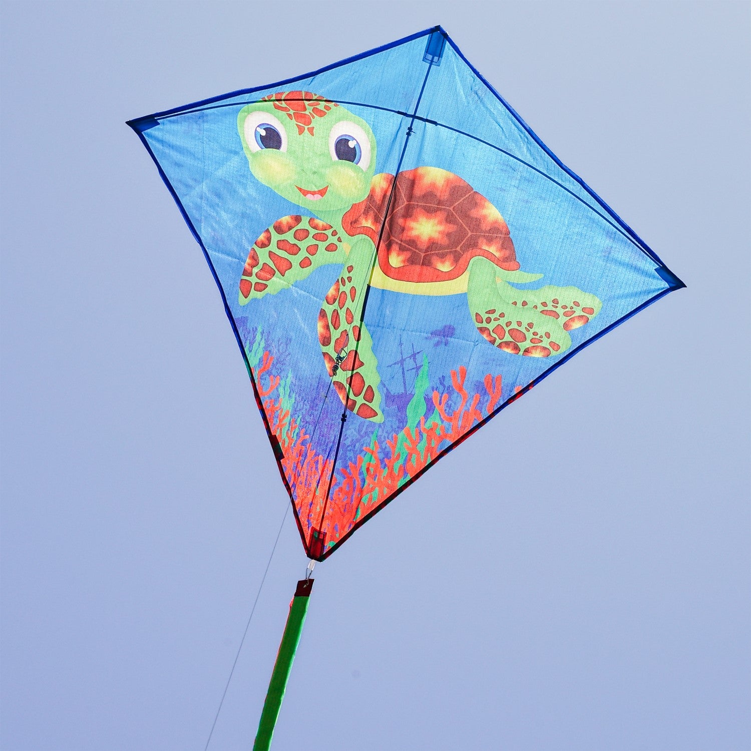 The Baby Turtle diamond kite features a vibrant turtle graphic, colorful tails, and a 30-inch design that makes it perfect for flying in the sky.