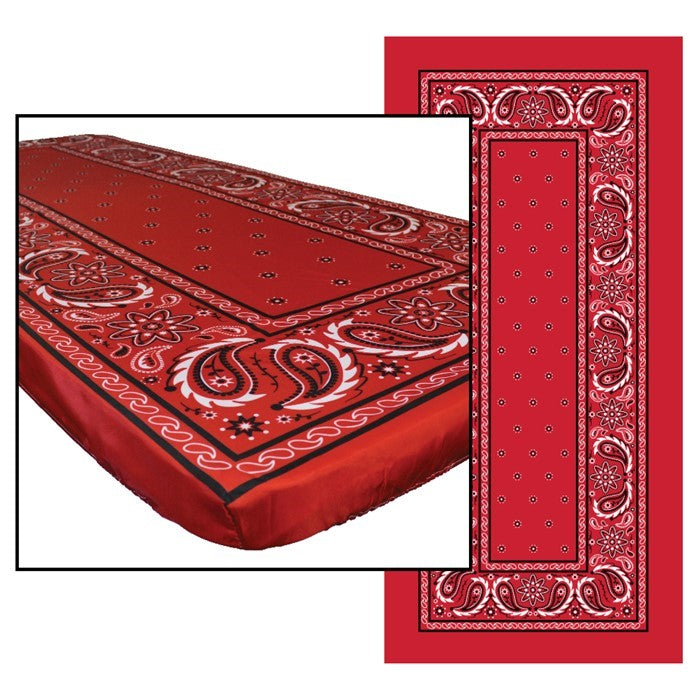 Bandana 8' Tablecloth with vibrant design displayed on a picnic table in a sunny outdoor setting, secured with deep pockets.