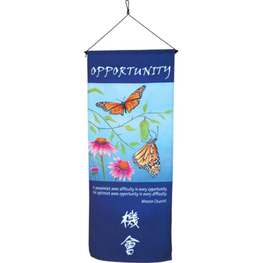 Banner Scroll - Opportunity featuring Winston Churchill's quote in English and Chinese calligraphy, displayed elegantly with a wood hanger on a wall.