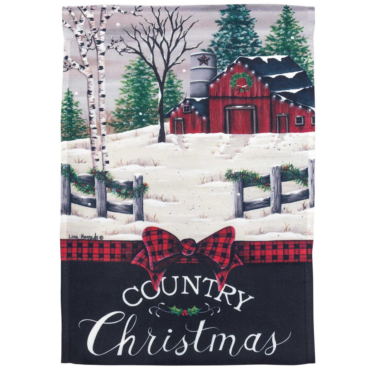 Barn Country Christmas garden flag, 13x18 inches, featuring festive artwork displayed outdoors, creating a stained glass effect in sunlight.