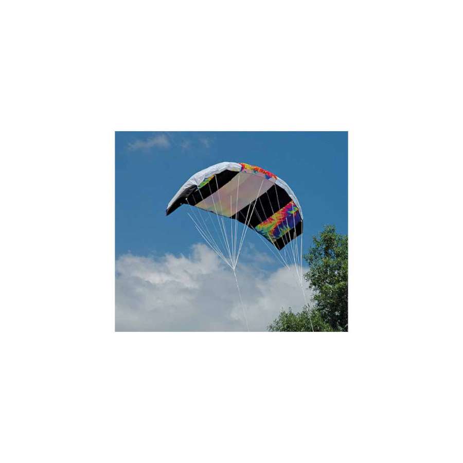 Barracuda 1.7 Kite in vibrant tie-dye pattern flying high against a blue sky, showcasing its frameless design and dual lines, perfect for outdoor fun.