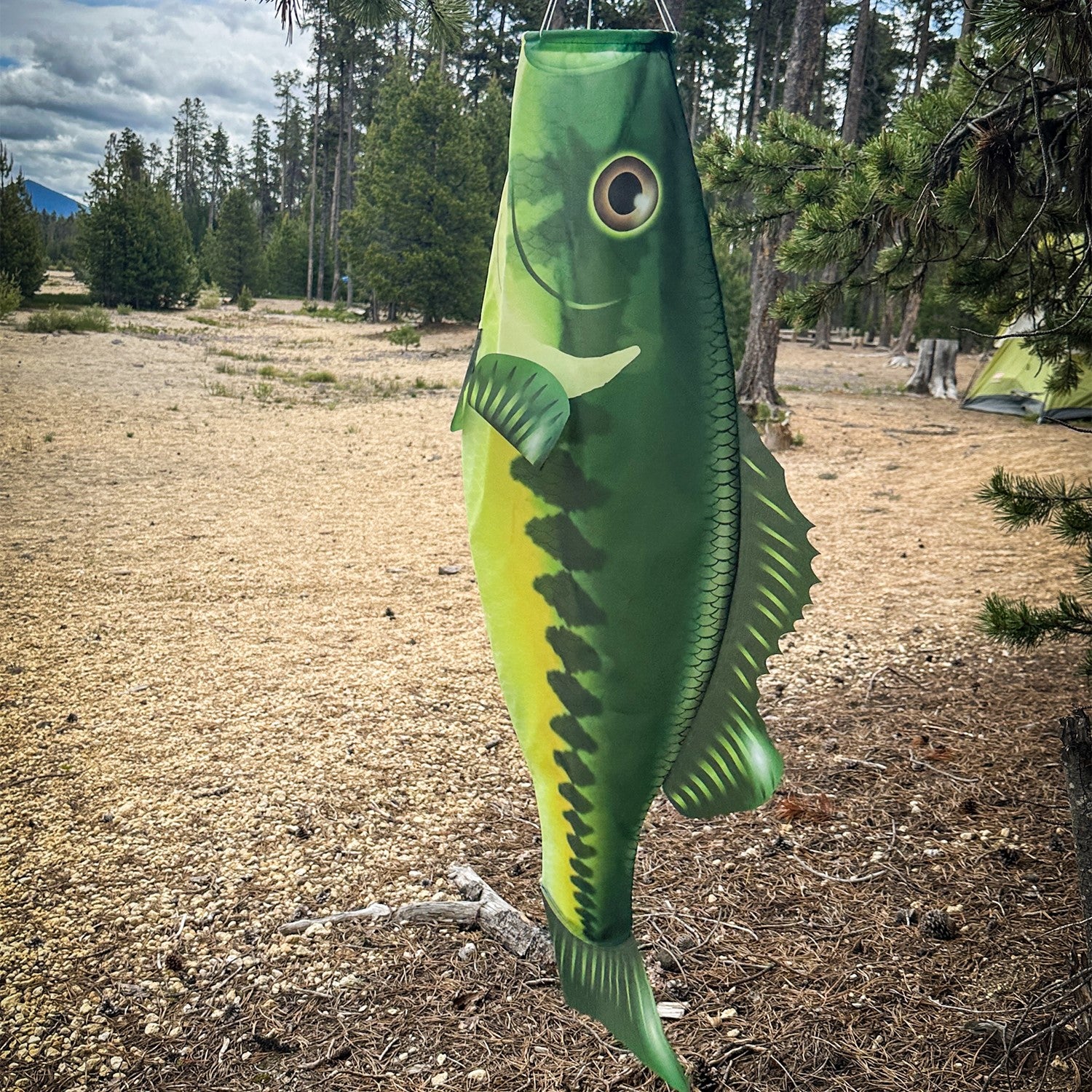 Bass 48-inch Fish Windsock with realistic printed detail, dancing in the breeze, perfect for outdoor fishing-themed display.