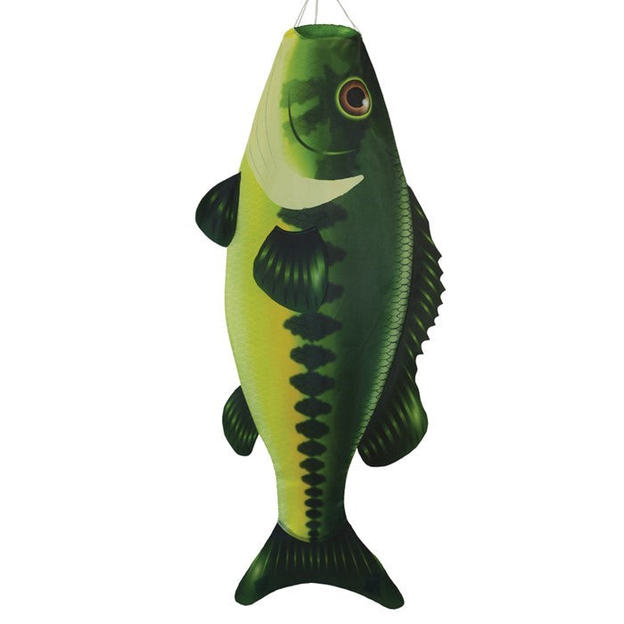 Bass 48-inch Fish Windsock with realistic printed detail, dancing in the breeze, perfect for outdoor fishing-themed display.