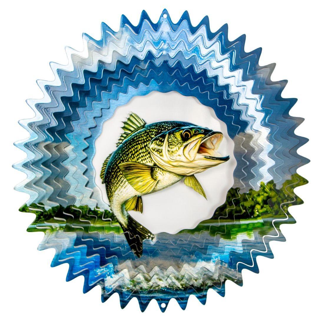 Bass Wind Spinner with vibrant artwork displayed in a garden setting, showcasing its captivating motion and 12-inch size.