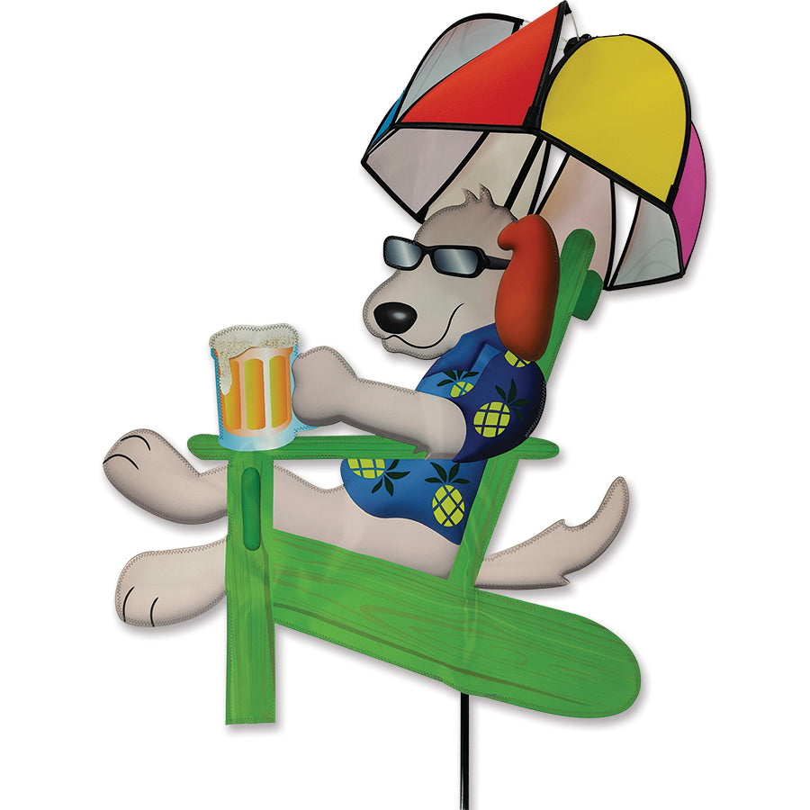 Colorful Beach Bum - Aloha Dog lawn spinner featuring a dog in a Hawaiian shirt, spinning in a sunny front yard setting.