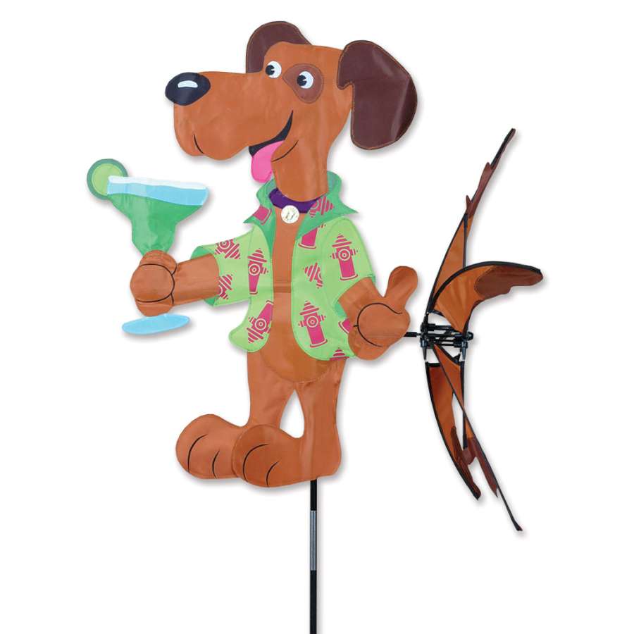 Colorful Beach Bum - Party Dog lawn spinner featuring a playful dog in beach attire, adding whimsy to a sunny outdoor setting.