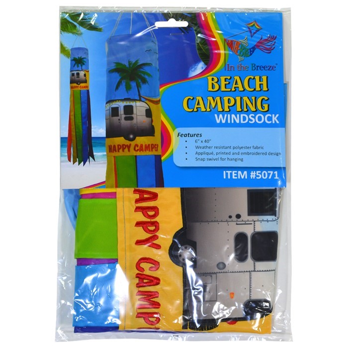 Colorful Beach Camping 40-inch Windsock featuring vibrant applique design hung outdoors, waving in the breeze above the ground.