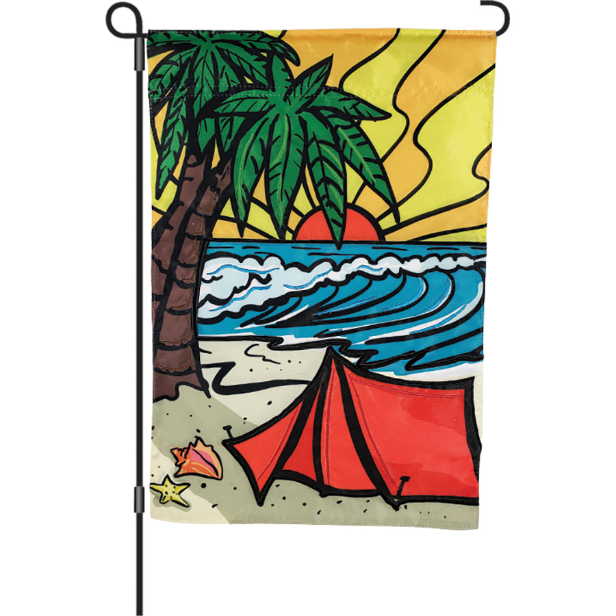 12 inch Beach Camping flag displaying a vibrant tent near the water with a sunset backdrop, designed for outdoor garden use.