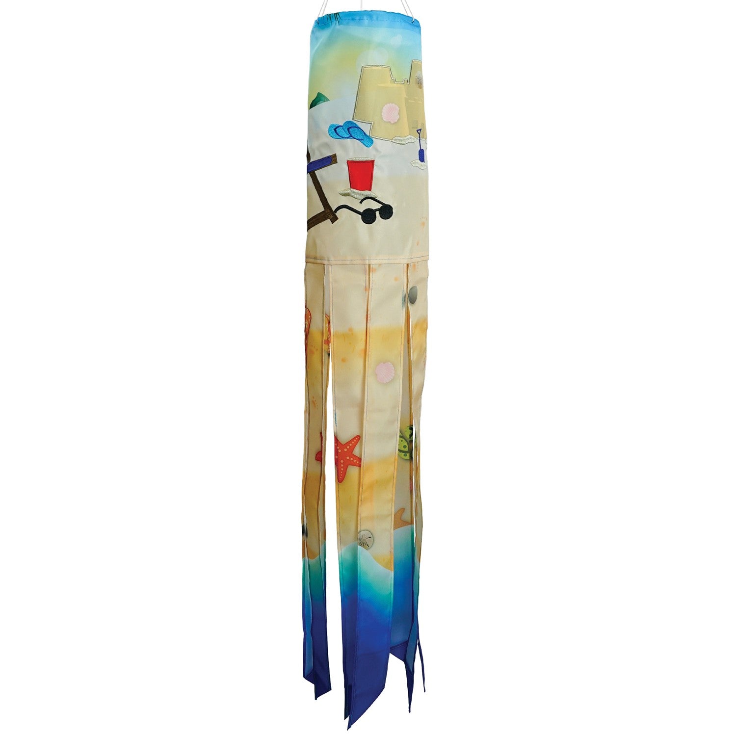 Beach Day 40-inch Illusion Windsock with vibrant beach-themed design and embroidered details, fluttering in a garden setting.