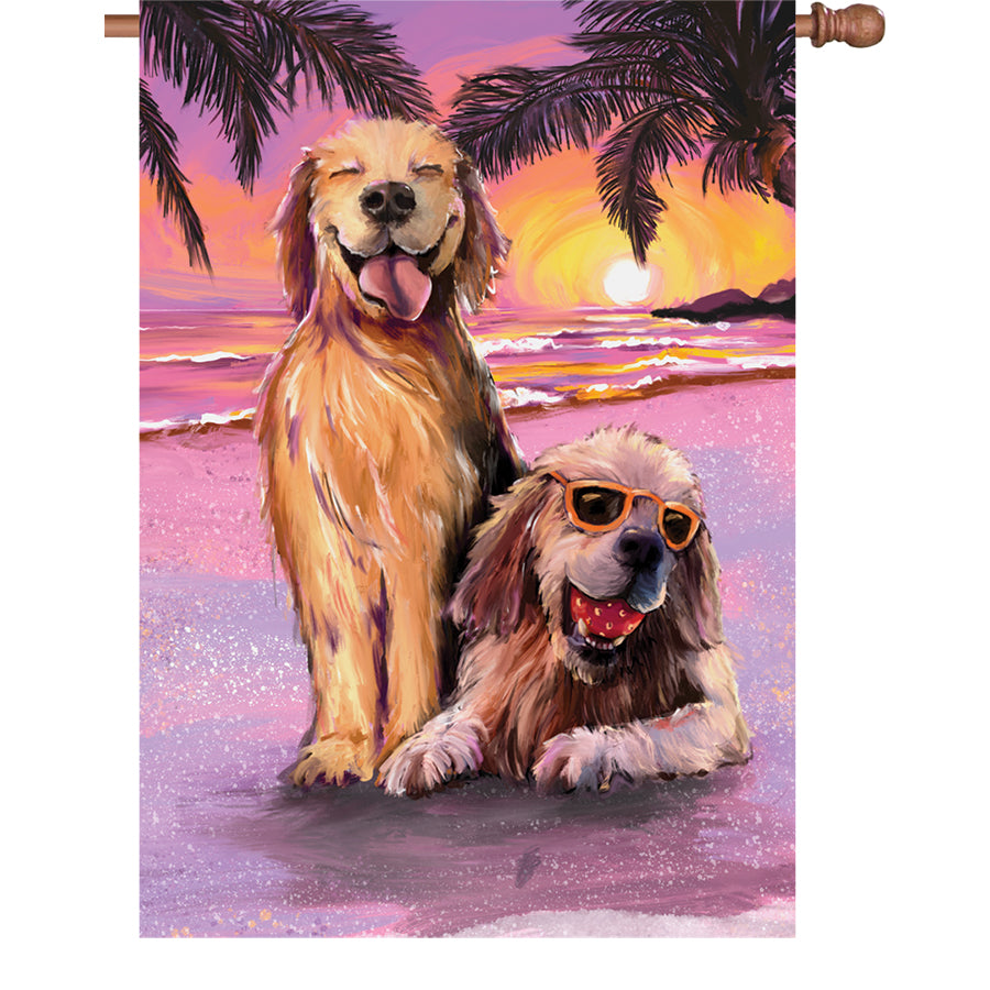 28-inch Beach Dogs illuminated flag featuring playful dog designs displayed outdoors, radiating color and joy suitable for summer decor.