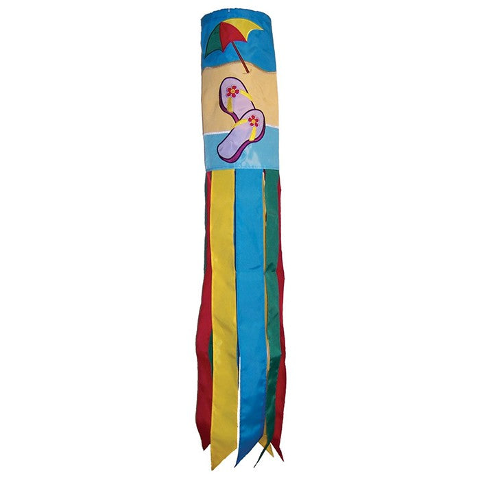 Colorful Beach Scene 40" Windsock with surfboards and whimsical tails on display, adding a coastal vibe to any outdoor setting.
