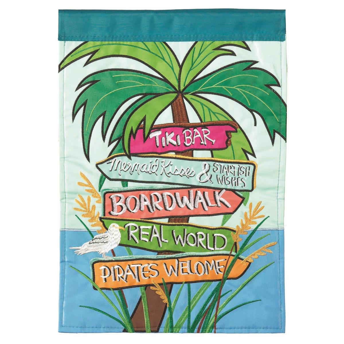 Beach Signs 29x42 Flag featuring double applique design, durable polyester, and vibrant embroidery for coastal outdoor décor.