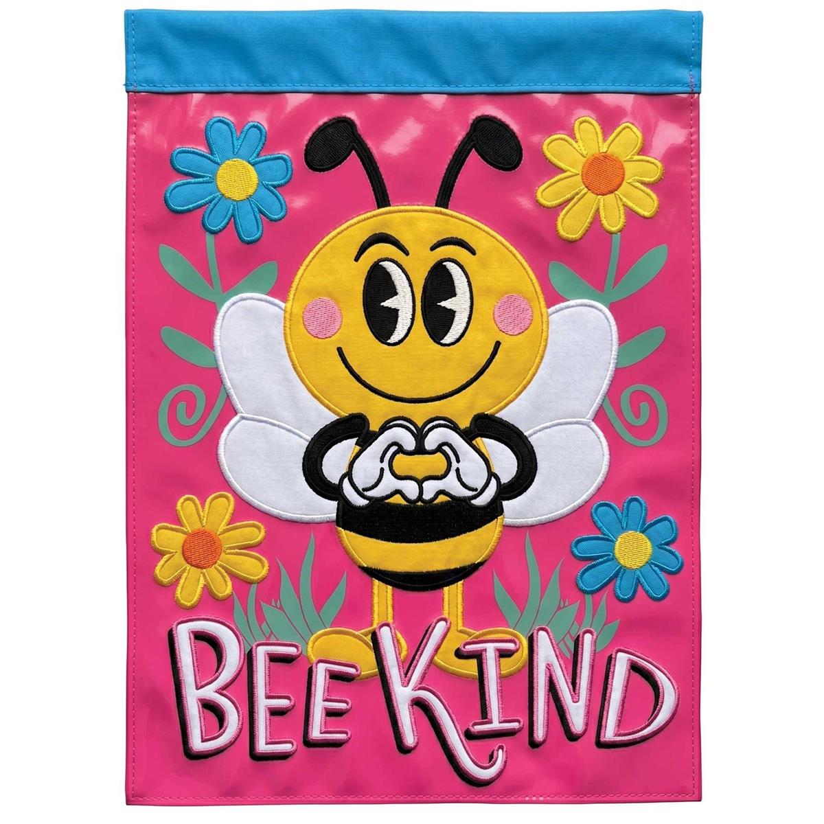 Bee-Kind garden flag featuring vibrant applique and embroidery design, displayed on a garden pole amid flowers in an outdoor setting.