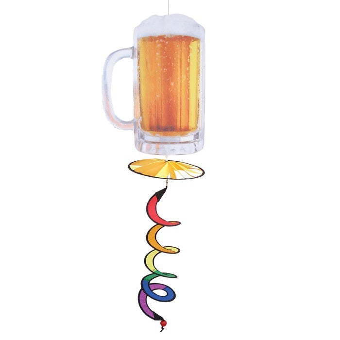 Beer Mug 5 O'Clock Spinner featuring a colorful beer mug design with a spinning wheel and curlie tail, displayed outdoors in a garden setting.