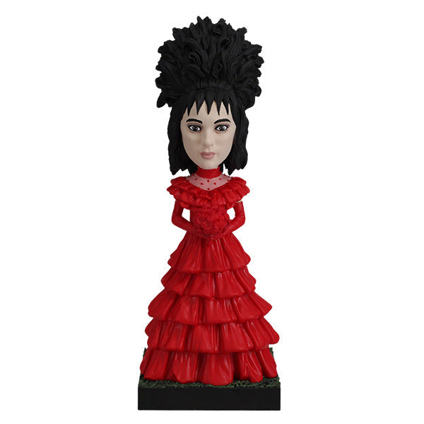 Beetlejuice Lydia Deetz Bobblehead standing 8.25 inches tall, featuring intricate details of her Red Wedding Dress, showcasing gothic elegance.