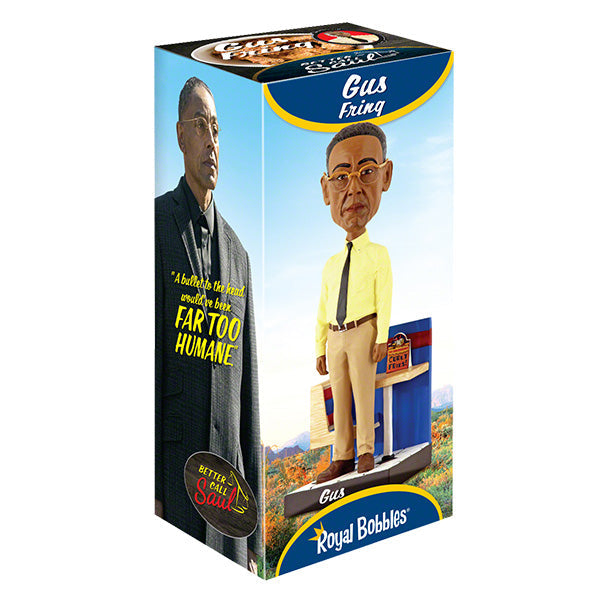 Better Call Saul Gus Fring Bobblehead standing 8 inches tall with meticulous detail, dressed in a suit, ideal for display in a collector's setting.