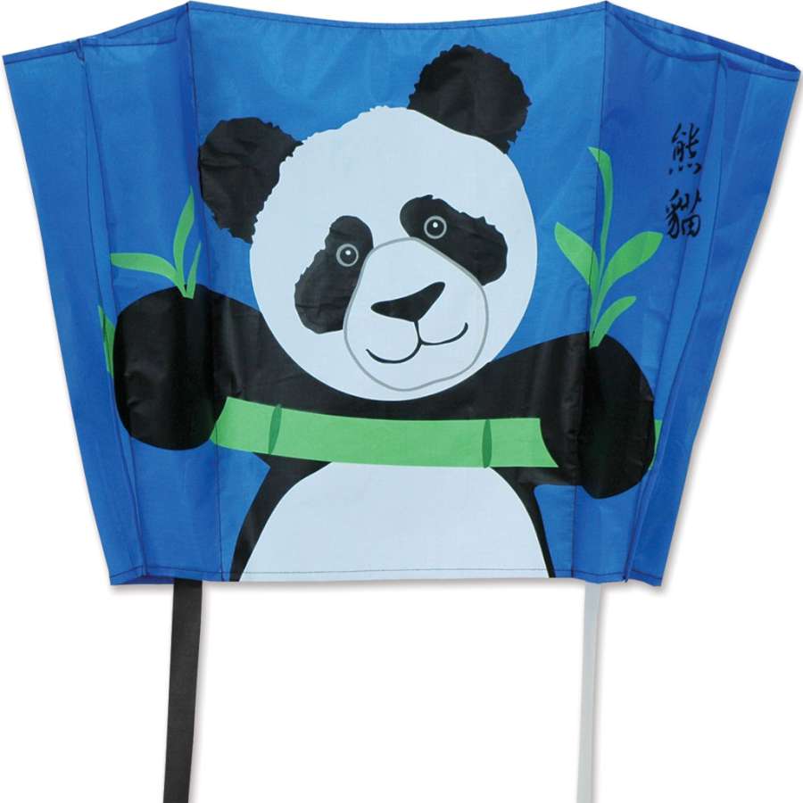 Big Back Pack Sled Kite featuring a fun panda design soaring in the sky, measuring 18x12.75 inches, designed for easy flying on a breezy day.