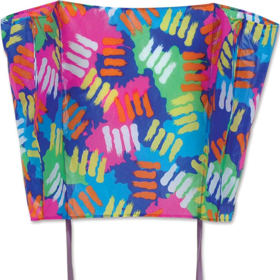 Big Back Pack Sled Kite with colorful splatter design flying in blue sky, measuring 18 x 12.75 inches, perfect for outdoor fun.