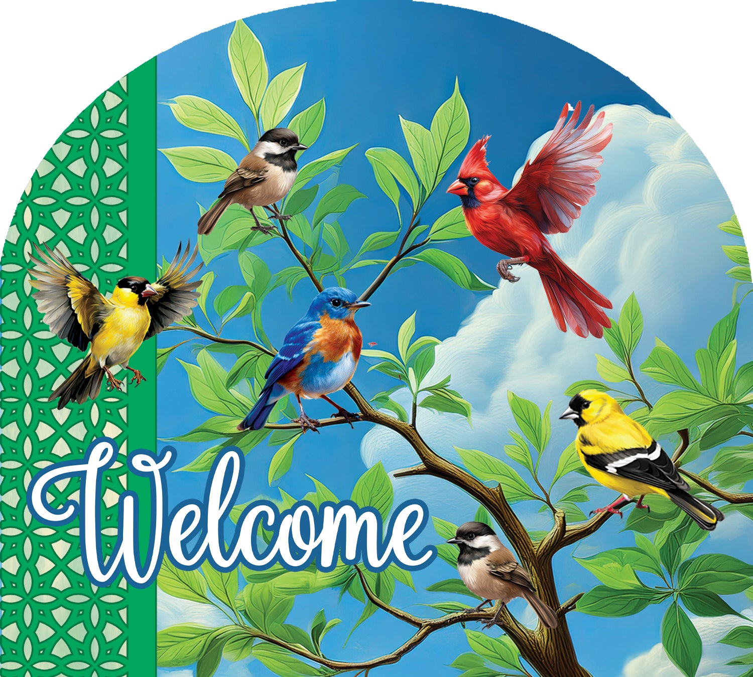 Vibrant Bird Branch Arbor Mate panel displayed in an Arbor Mate holder, enhancing a lush garden with wildlife imagery and colors.