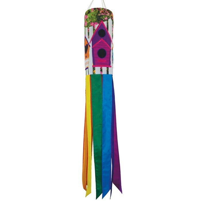 Birdhouse Garden 40-inch windsock with colorful designs of birdhouses and free-flowing tails fluttering in the wind, adding charm to any garden.