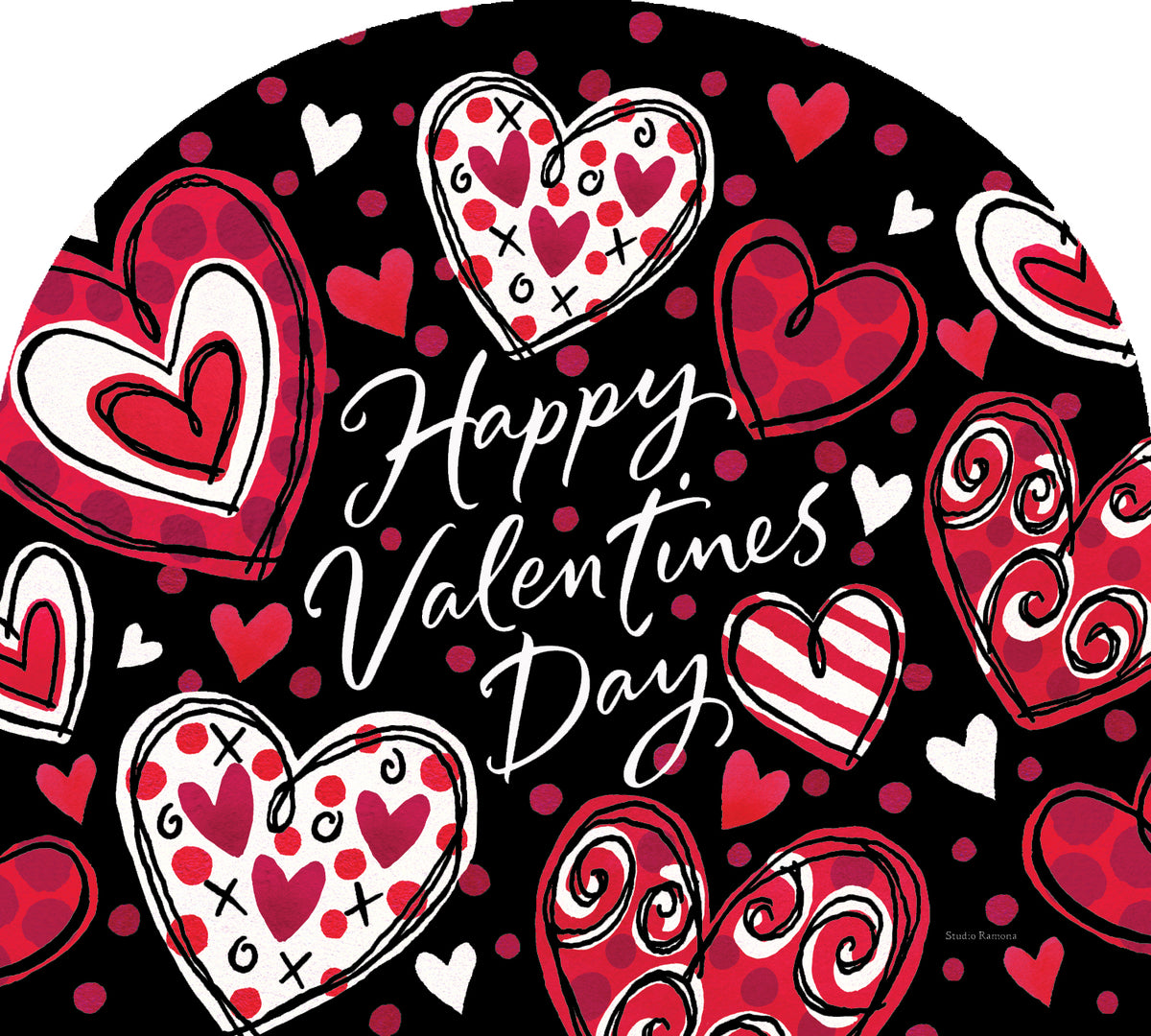 Black and Red Hearts Arbor Mate decorative panel displayed in an outdoor garden setting, featuring vibrant heart designs.