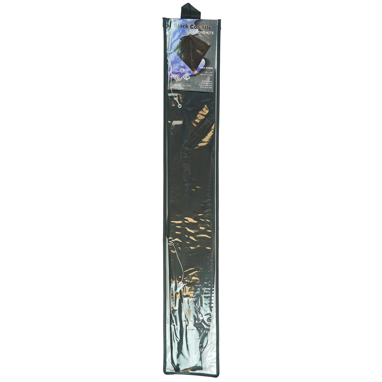 Black Colorfly 30" Diamond Kite soaring high with colorful tails in a clear blue sky, perfect for family fun.