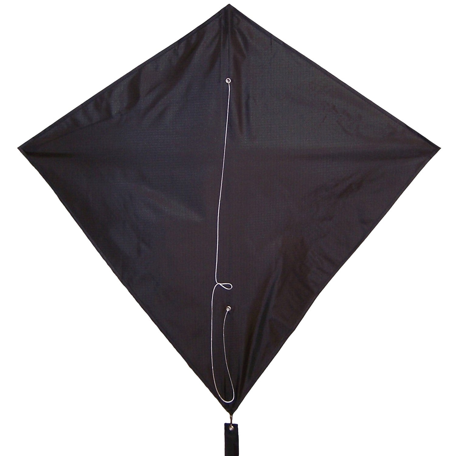 Black Colorfly 30" Diamond Kite soaring high with colorful tails in a clear blue sky, perfect for family fun.