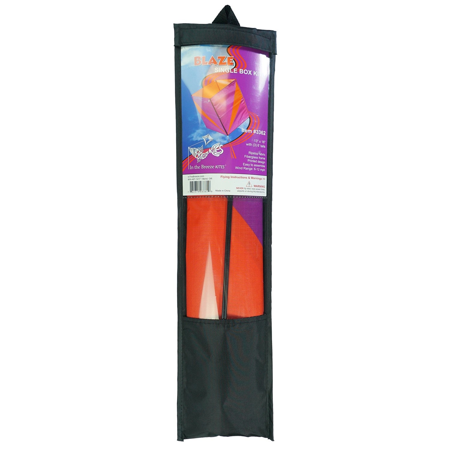 Blaze Single Box Kite in vibrant colors soaring high against a clear sky, showcasing its easy-flying design and color-coordinated tails.