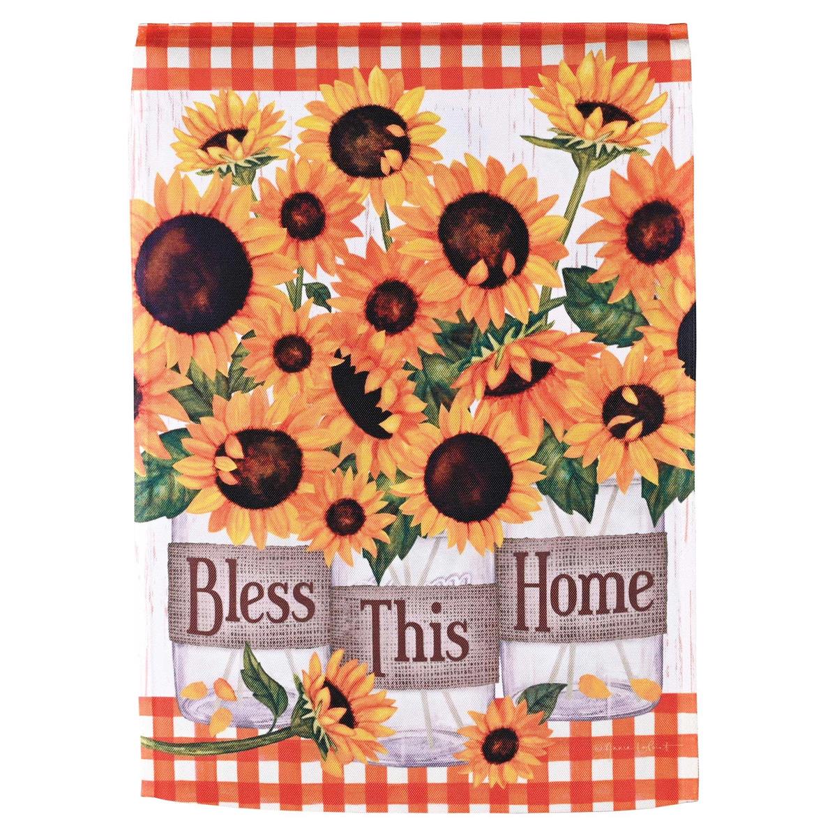 30x44 Bless This Home Sunflowers banner flag featuring vibrant sunflower designs, displayed in a garden setting under sunlight.