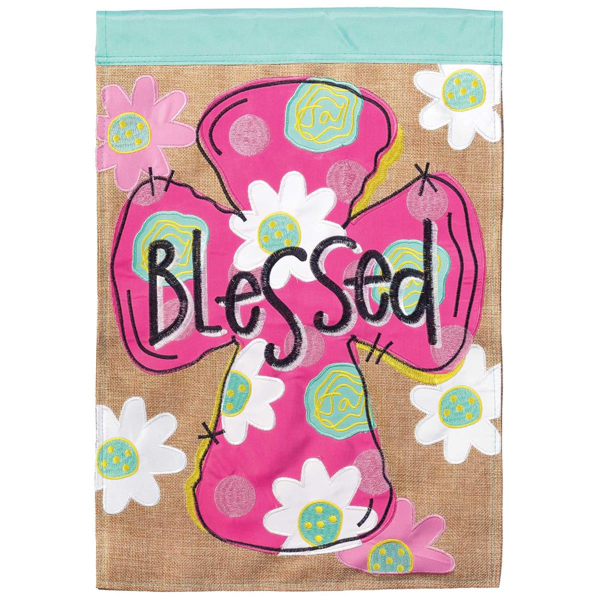 Blessed Floral Cross Banner Flag featuring detailed embroidery and vibrant applique on both sides, displayed in an outdoor garden setting.