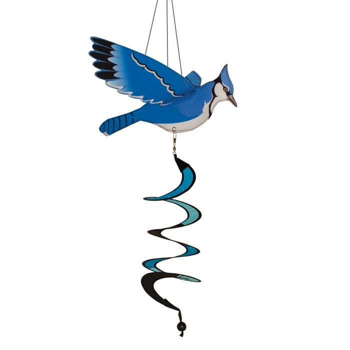 Blue Jay Theme Twister 3D bird wind spinner in vibrant colors, hanging gracefully in a garden setting, showcasing movement in the breeze.