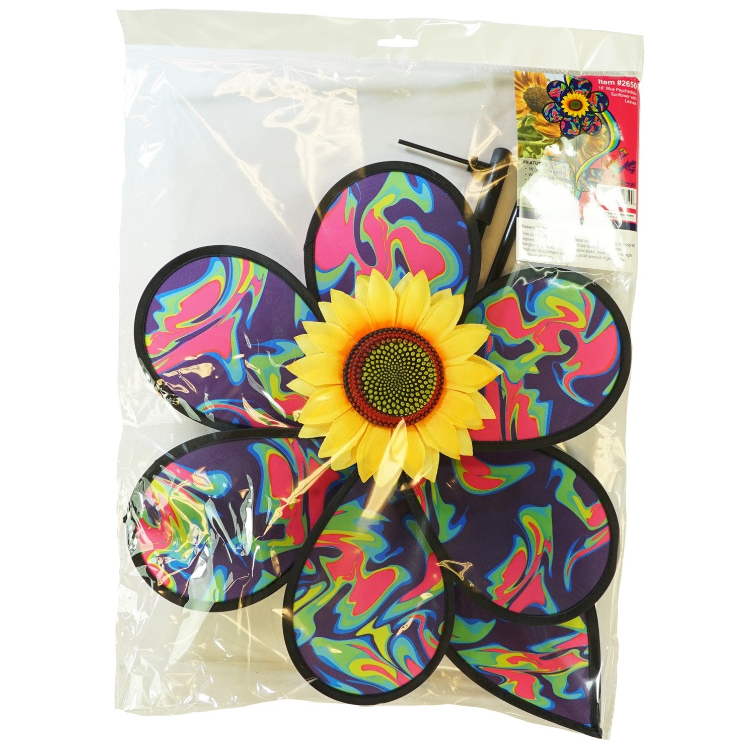 16 inch Blue Psychedelic Flower with Leaves garden spinner showcasing six petals, sunflower center, and leaves attached to a stand in a vibrant outdoor setting.