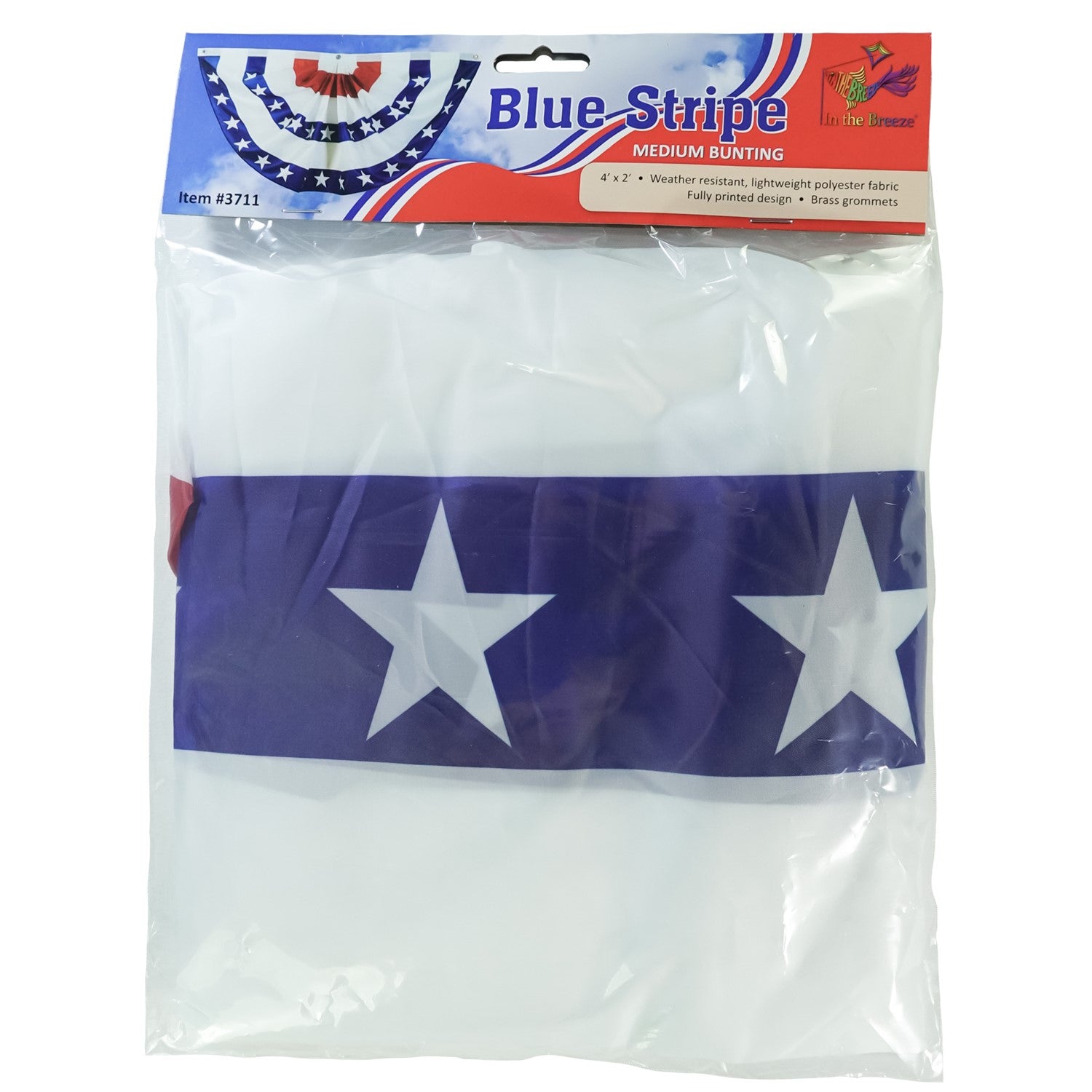 Blue Stripe Printed Bunting, featuring pleated half-circle design with brass grommets, displayed outdoors, ideal for patriotic decorations.