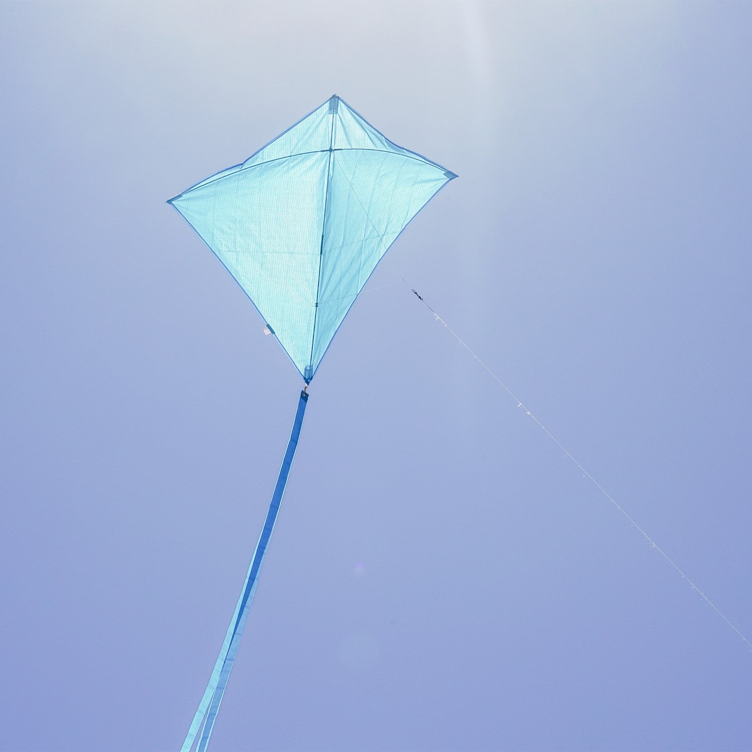 Blueberry 30'' Colorfly Diamond Kite flying high in a clear blue sky with three vibrant tails trailing behind.