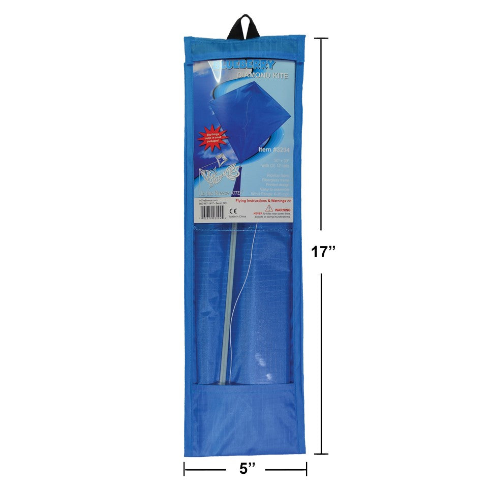 Blueberry 30'' Colorfly Diamond Kite flying high in a clear blue sky with three vibrant tails trailing behind.
