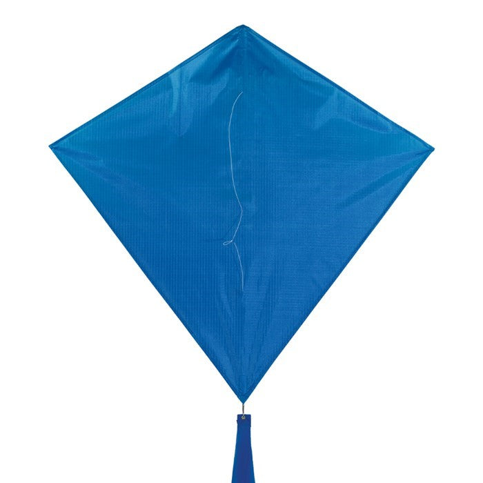 Blueberry 30'' Colorfly Diamond Kite flying high in a clear blue sky with three vibrant tails trailing behind.