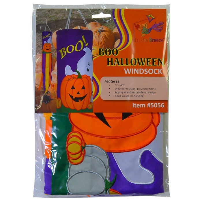 BOO! Halloween 40'' windsock featuring a playful ghost design with colorful tails flapping in the breeze, perfect for outdoor Halloween decoration.