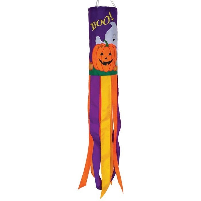 BOO! Halloween 40'' windsock featuring a playful ghost design with colorful tails flapping in the breeze, perfect for outdoor Halloween decoration.