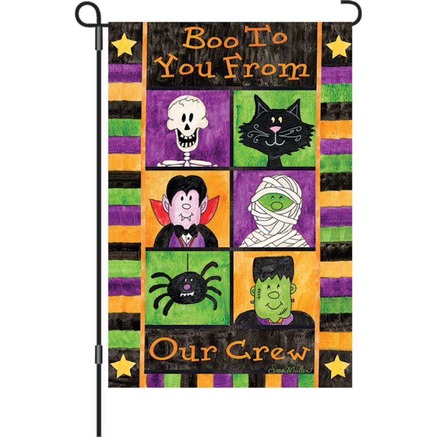 Boo to You garden flag measuring 12 inches, featuring playful Halloween text displayed in a garden setting, made from soft PremierSoftTM fabric.