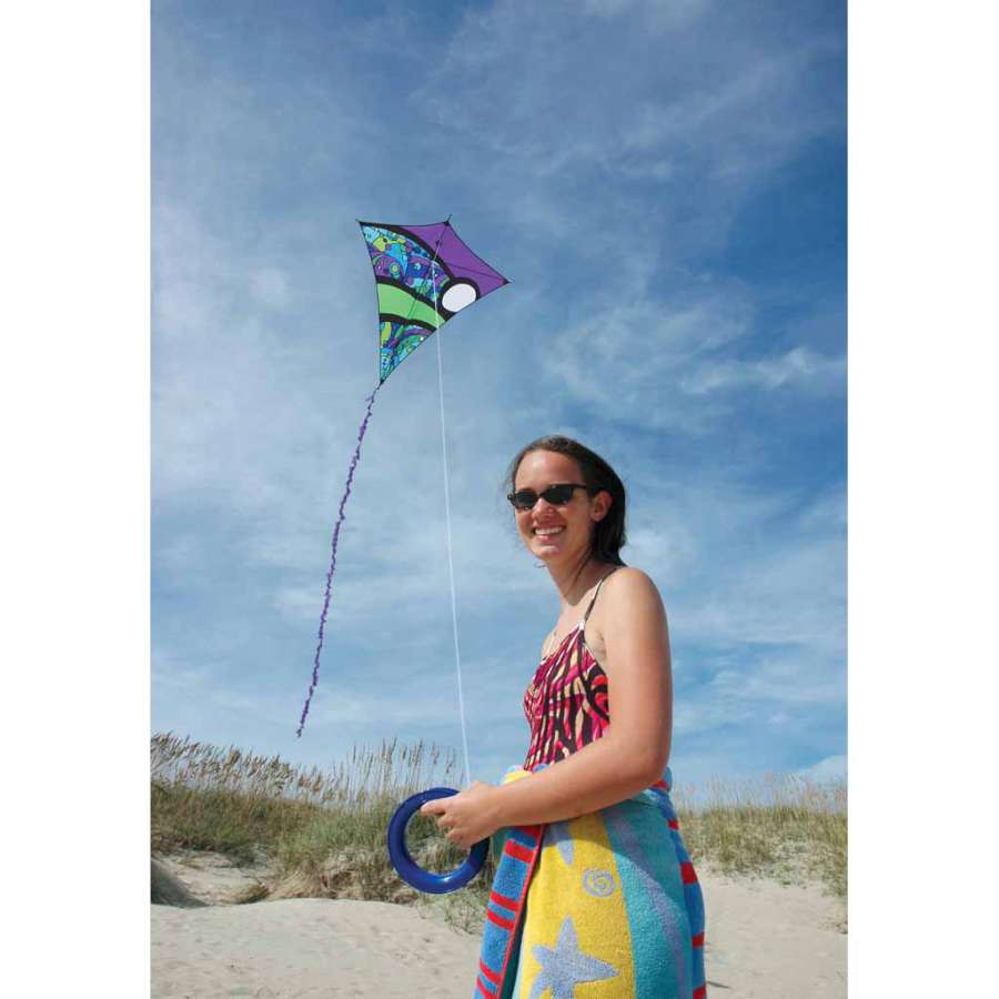 Borealis Diamond Kite - Cool Orbit displaying contemporary graphics against a clear blue sky, ready for flight outdoors.