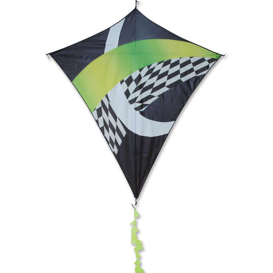 Borealis Diamond Kite in Neon Tronic Gradient displayed against a blue sky, showcasing its vibrant colors and diamond shape.