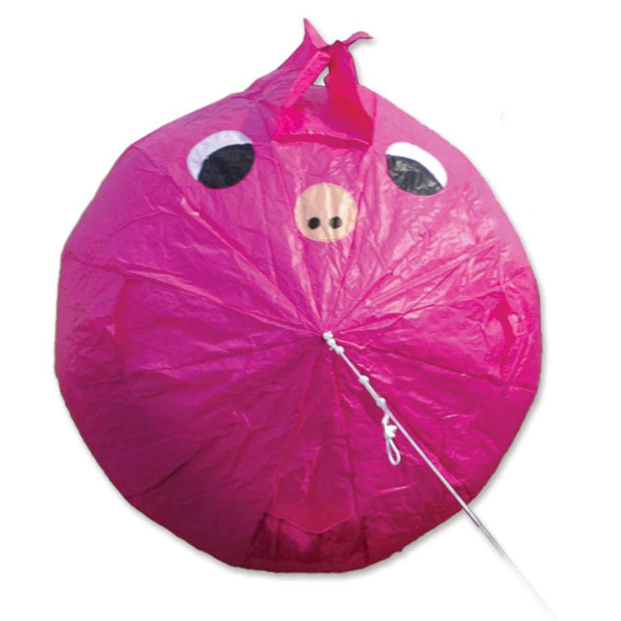 Bouncing Ball - Pig inflatable displayed outdoors, showcasing its colorful design as it bounces in the wind during a sunny day.