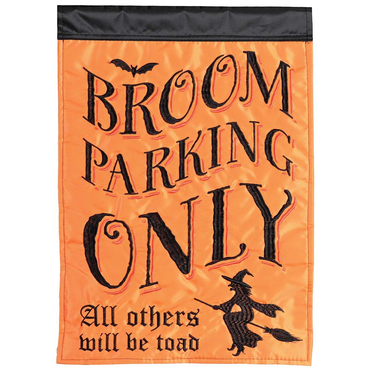 Broom Parking garden flag featuring vibrant double-sided appliques and detailed embroidery, ideal for outdoor decor and welcoming guests.