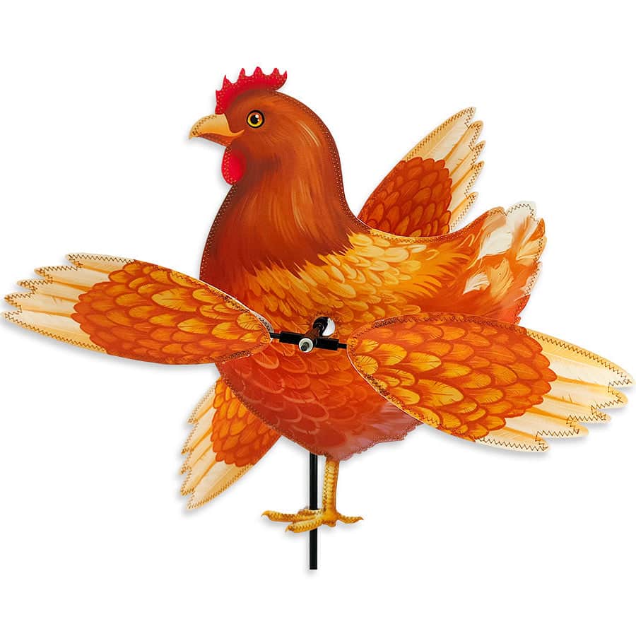 Buff Chicken WhirliGig with durable SunTex wings, 20 in. diameter spin, and colorful barnyard charm for year-round animated garden decoration.
