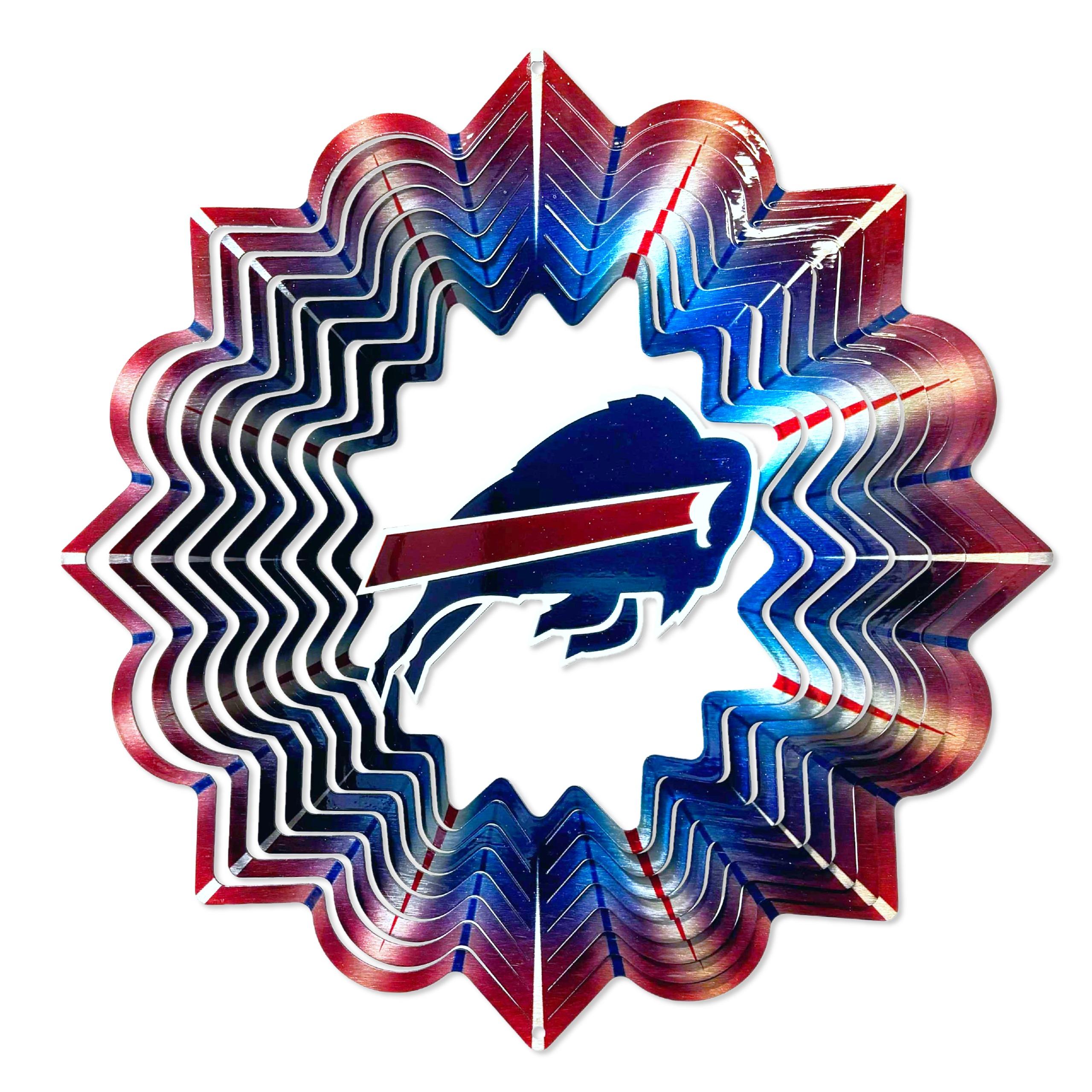 Buffalo Bills NFL Wind Spinner featuring official team artwork displayed in a garden, showcasing vibrant colors and movement.