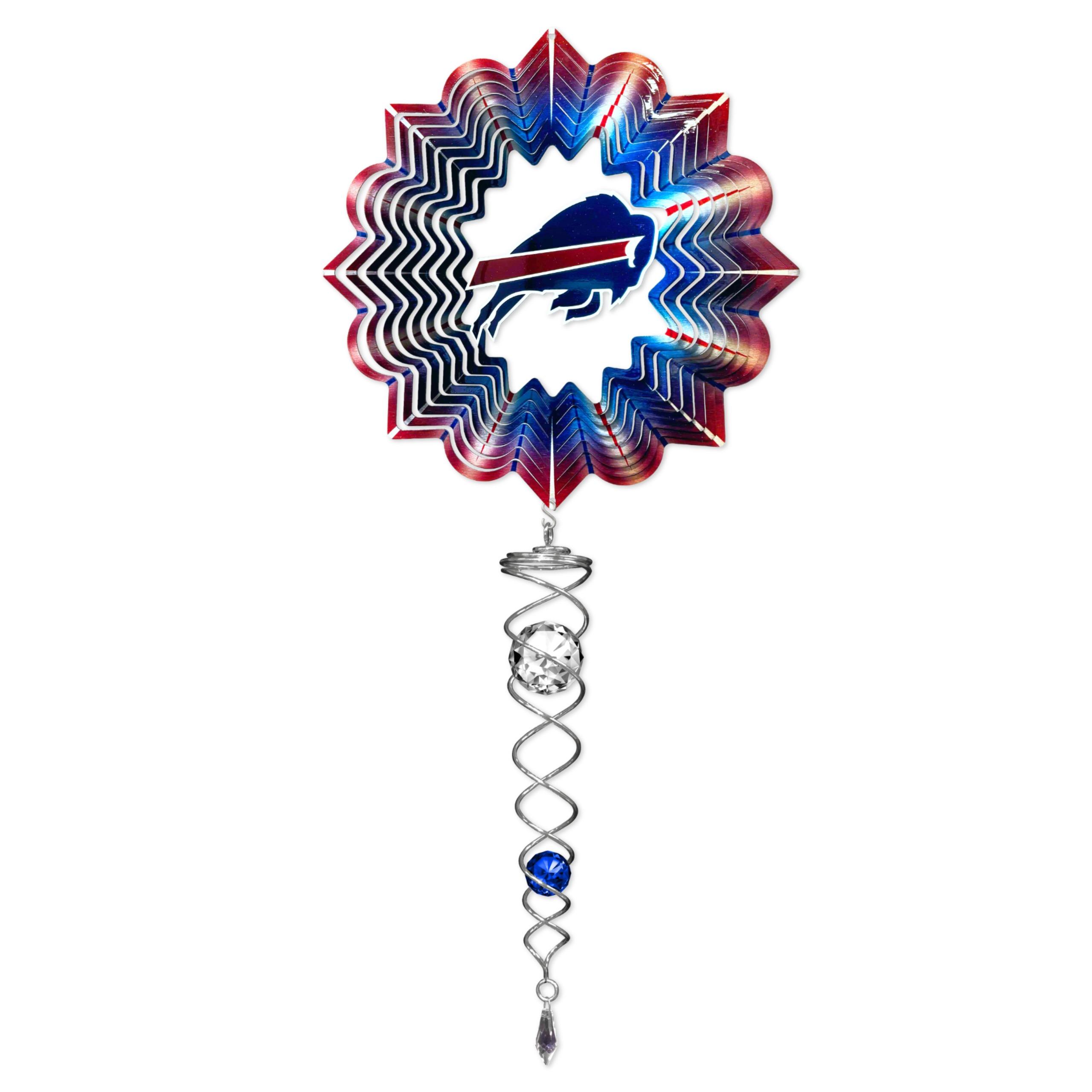 Buffalo Bills NFL wind spinner mini set includes a 6.5-inch spinner and a 7.5-inch crystal twister, designed for vibrant indoor and outdoor display.