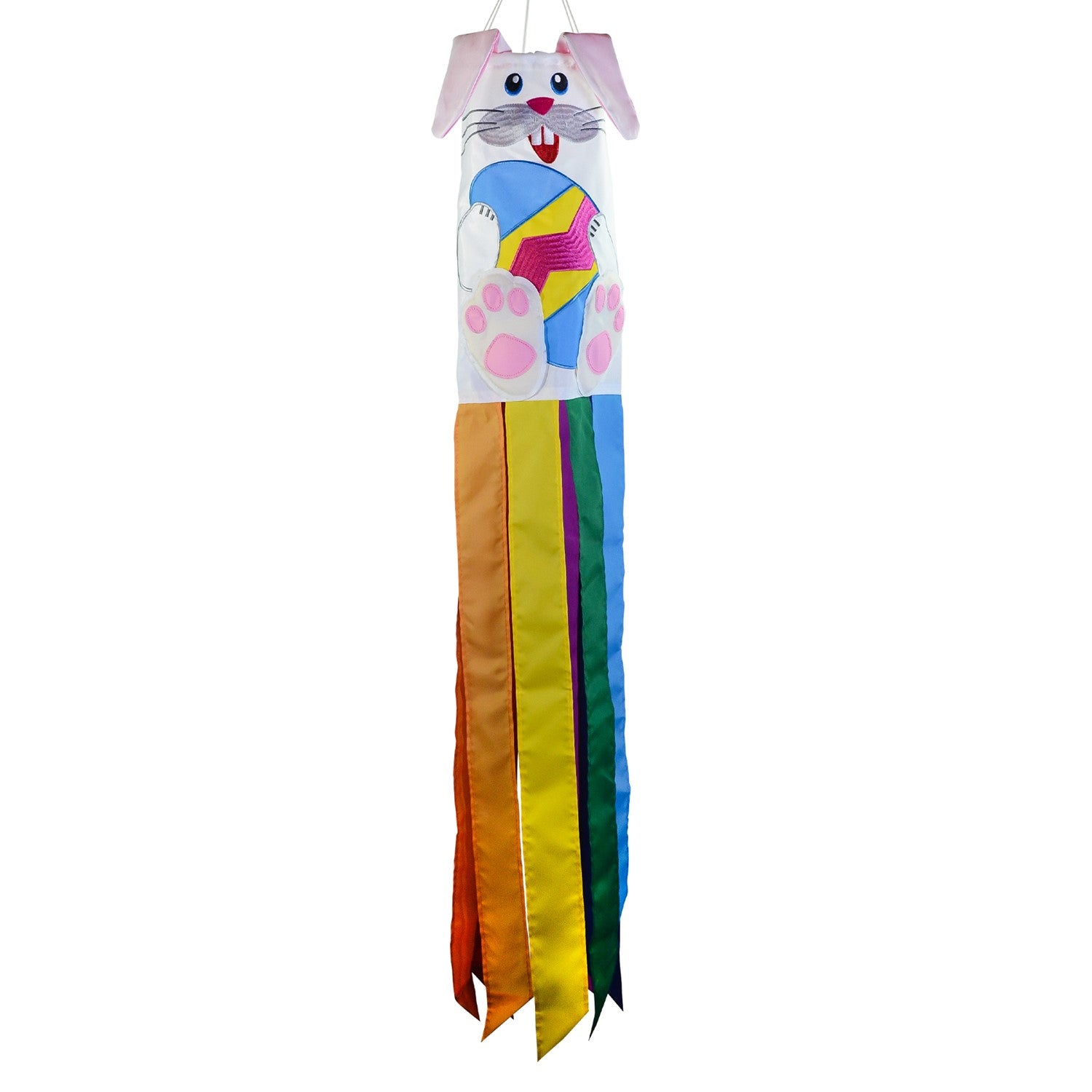 Bunny 3D Windsock in a festive garden setting, featuring vibrant colors and detailed embroidery, designed for seasonal decorations.