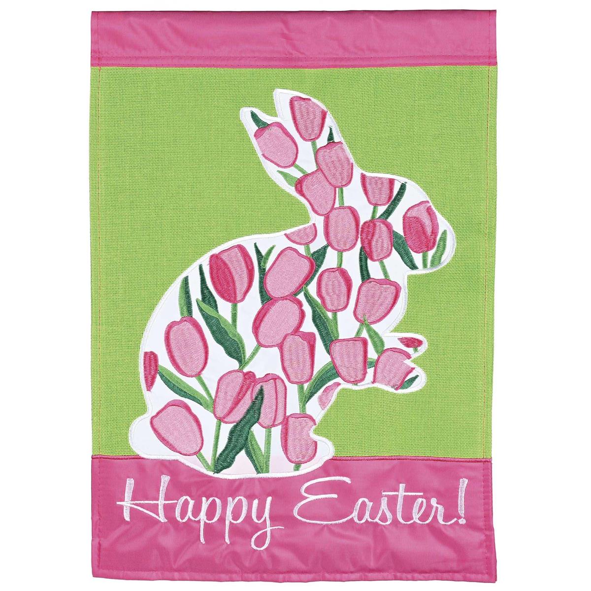 Bunny Happy Easter Banner Flag featuring vibrant designs and double-applique construction, displayed on a porch, measuring 29 x 42 inches.