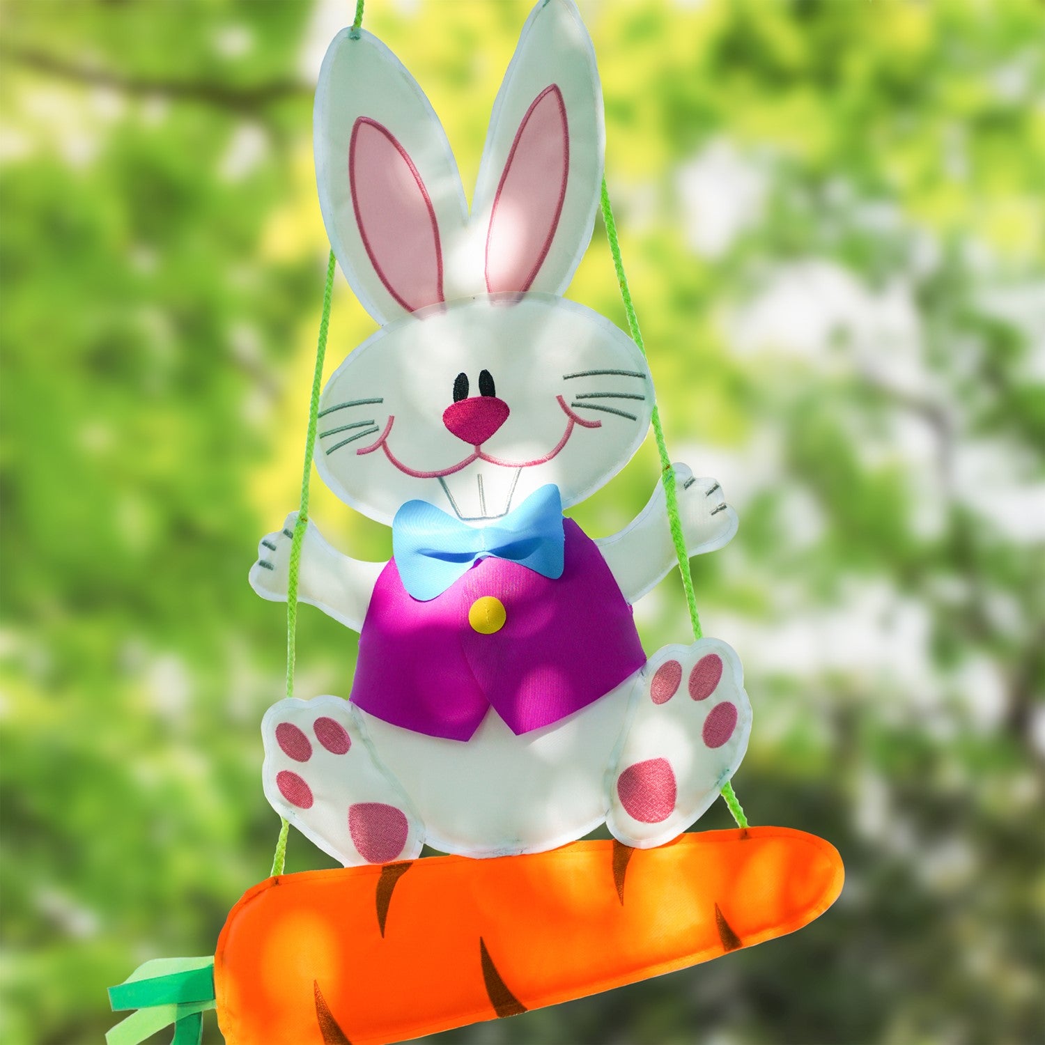 Bunny Wind Friend hanging decoration featuring embroidered features and a full vest, perfect for Easter garden decor in bright colors.